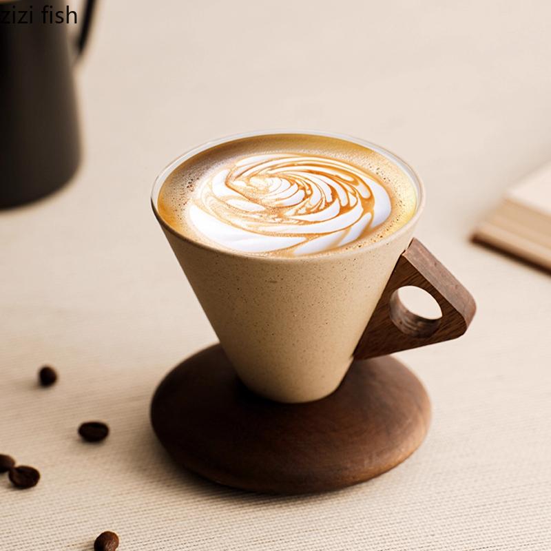Coarse Pottery Coffee Cup Wooden Pallet Sharp Bottomed Water Cups Breakfast Cups Coffee Mug Afternoon Tea Cup Milk Mug
