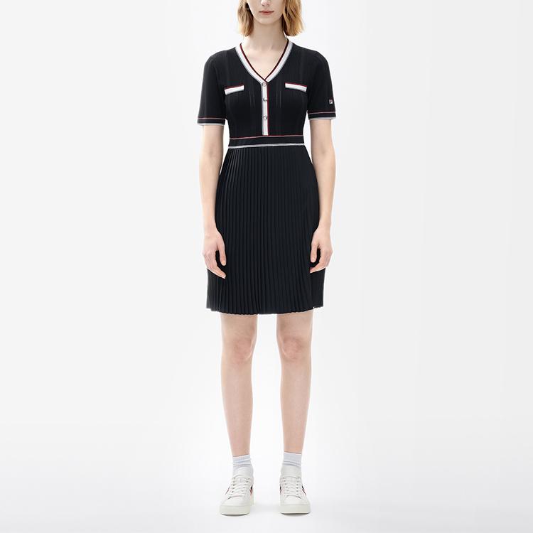 FILA Modern Heritage Series French Classic Solid Color Mid-Rise Striped V-Neck Pullover Short Sleeve Dress Women dresses Legendary-Blue F11W331399A-NV