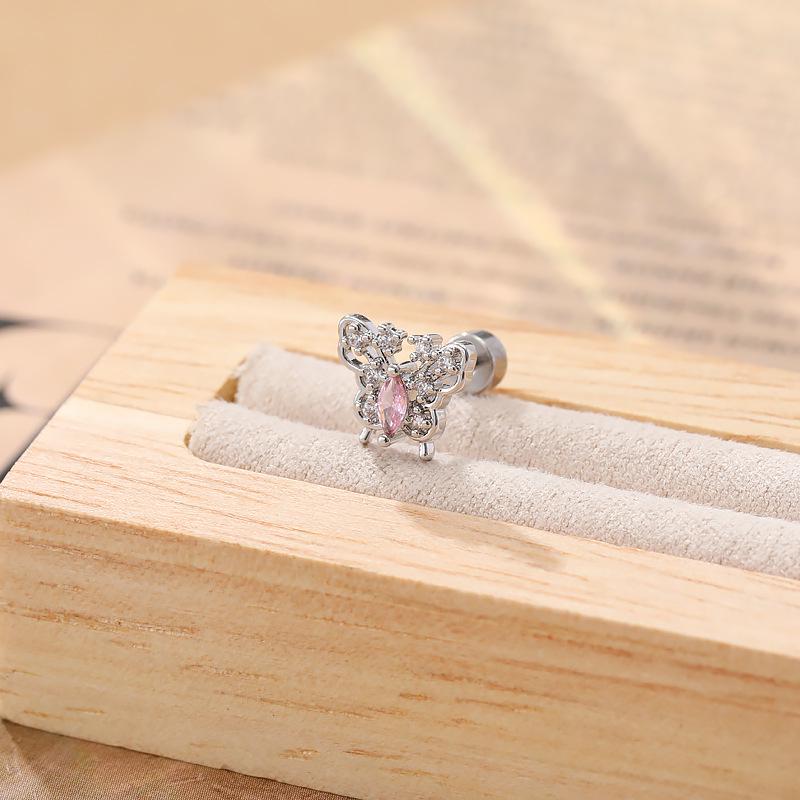 Pink Sweet Butterfly Zirconia Titanium Steel Ear Cartilage Studs for Women - Versatile, High-End Double Spiral Screw Design.