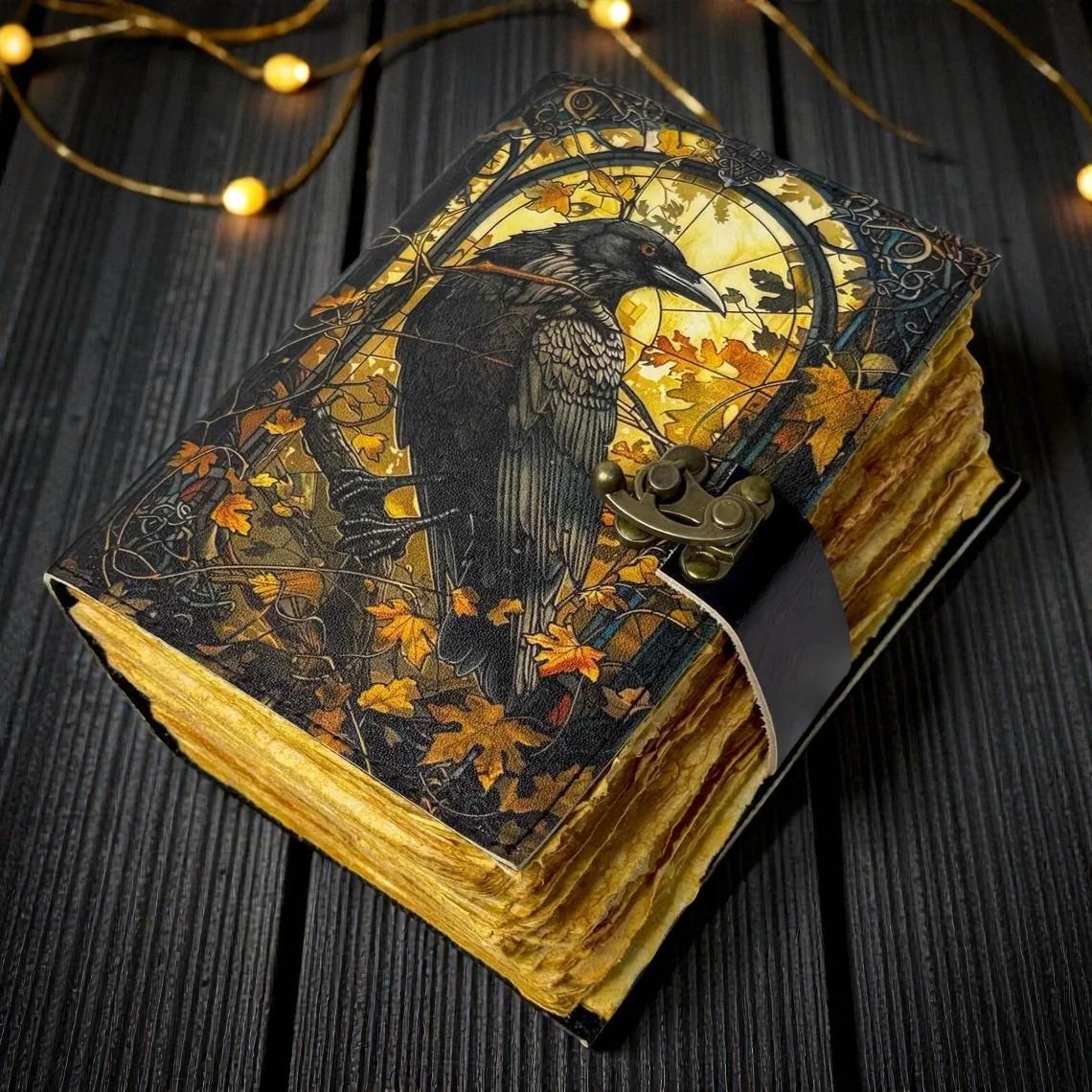 

Handmade Leather Journal with Raven Art – 200 Deckle-Edge Pages | Size 5×7 inch | 5x7 inch чорний