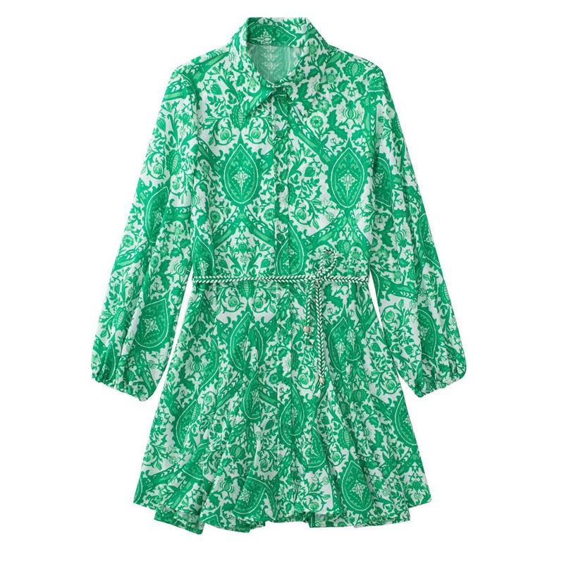 2022 Summer Women's Lace-Up Printed Long-Sleeve Mini Dress - European & American Style