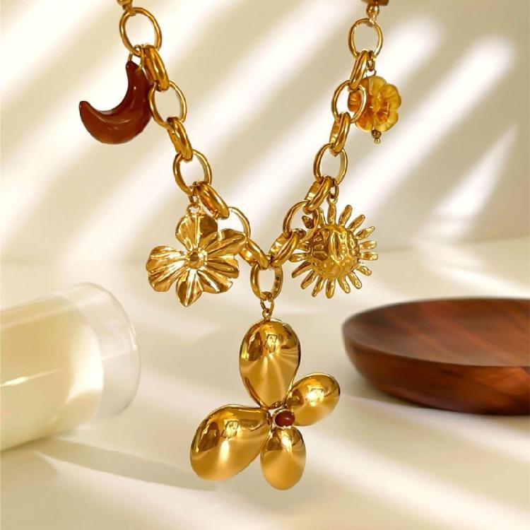 Fashionable Floral Sun Resin Beaded Necklace Retro Clavicle Chain Stainless Steel Neck Jewelry For Women