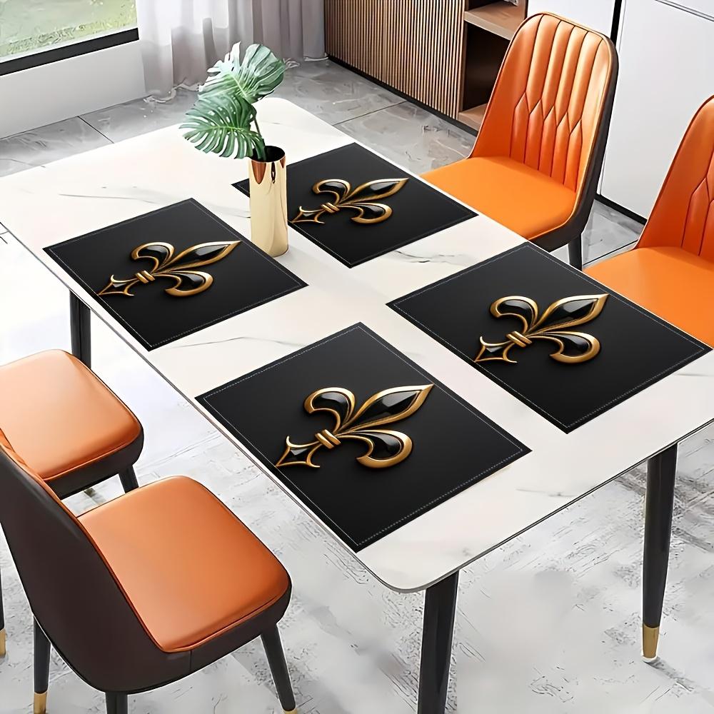 Sada 4 Elegantních Černých a Zlatých Polyesterových Prostírání - Pouze Ruční Mytí, 12X18 Palců - Ideální pro Dekoraci Stolů v Restauracích, Kuchyních,