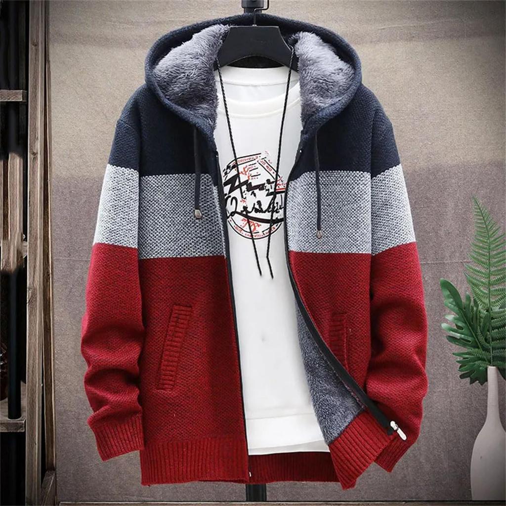 Men’S Fleece Lined Hooded Sweatercoat Striped Turn-Down Collar Long Sleeve Full Zip Knitted Trenchcoa