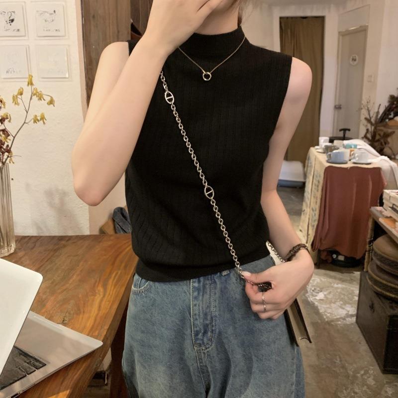 

Вязаный летний женский топ, повседневный элегантный полосатый топ на бретелях, однотонный женский топ на бретелях с высоким воротником One Size чёрный