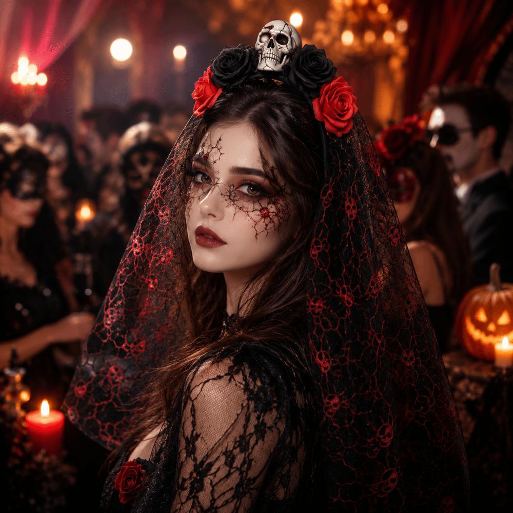 Gothic Ghost Bride Headband Lace Mesh Halloween Rose Headband Carnival Party