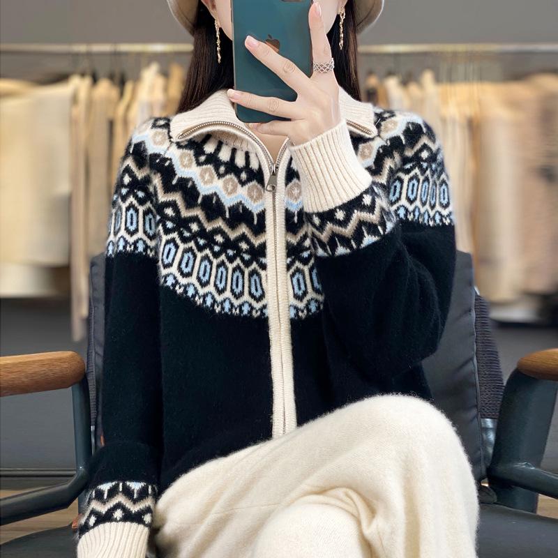 Women's 100% Pure Wool Fair Isle Zipper Cardigan - Autumn/Winter Knitwear Jacket