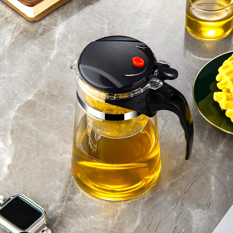 Elegant Heat-Resistant Glass Tea Infuser Pot with One-Button Filtering - Customizable with Logo Option.