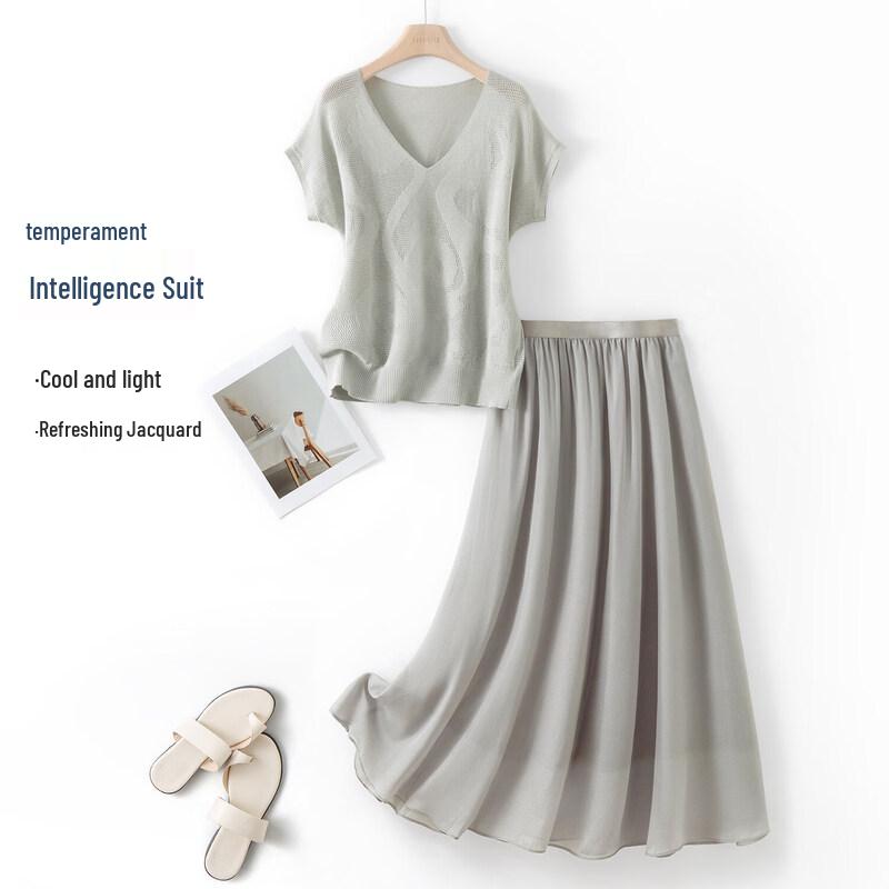 IHIMI Women s Jacquard Knit Short Sleeve Top and Skirt Set L