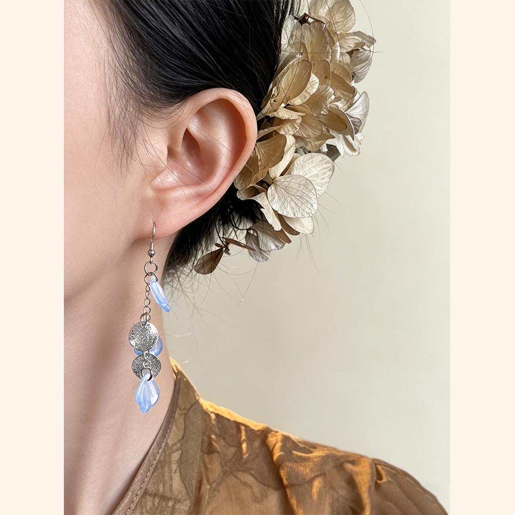 Gradient Blue Flower Petal Crystal Tassel Earrings - Cool, Elegant Seaside Vacation Style