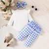 Conjunto de tres piezas de verano para niñas: pantalones largos a cuadros caqui con estampado de lazo de manga larga + diadema