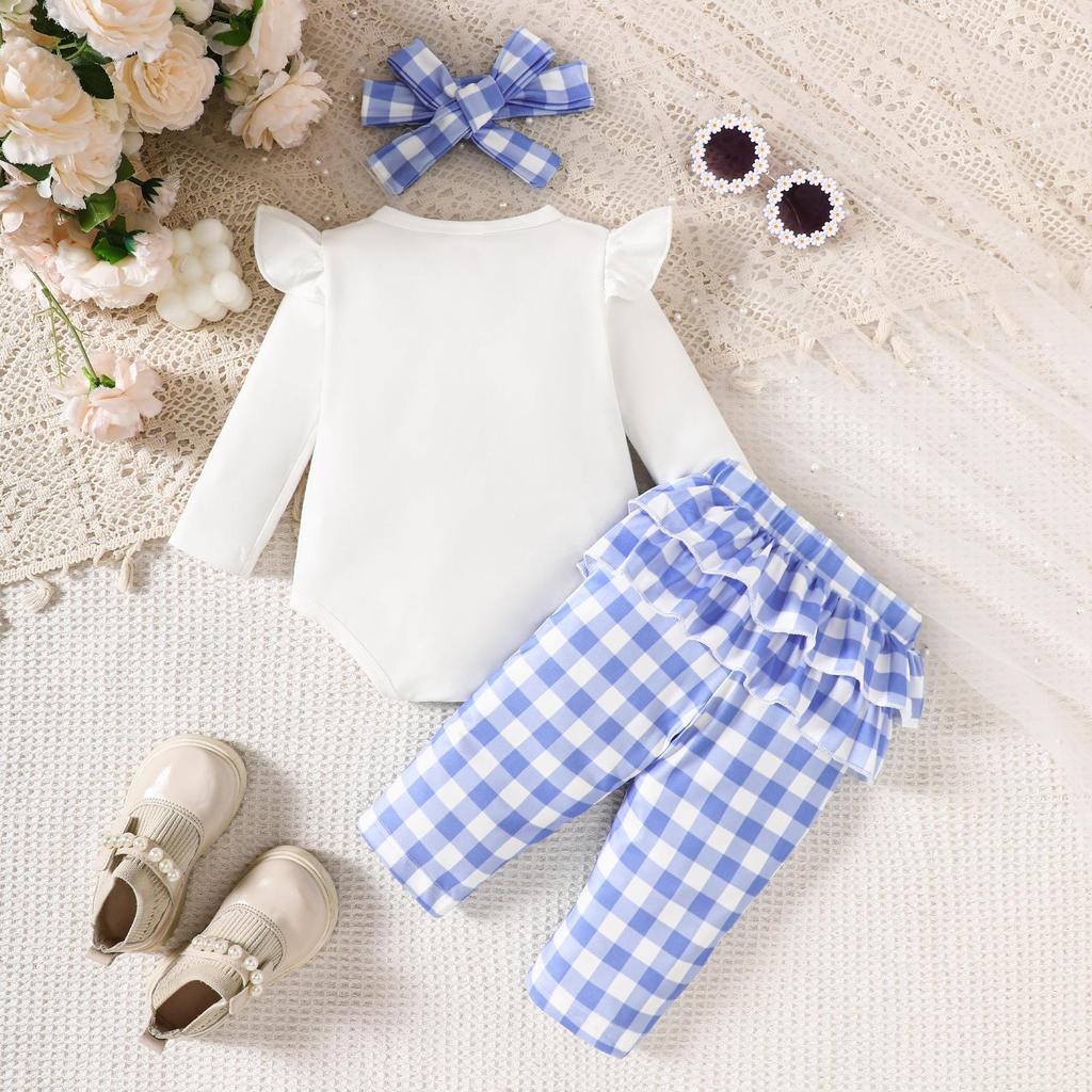 Conjunto de tres piezas de verano para niñas: pantalones largos a cuadros caqui con estampado de lazo de manga larga + diadema
