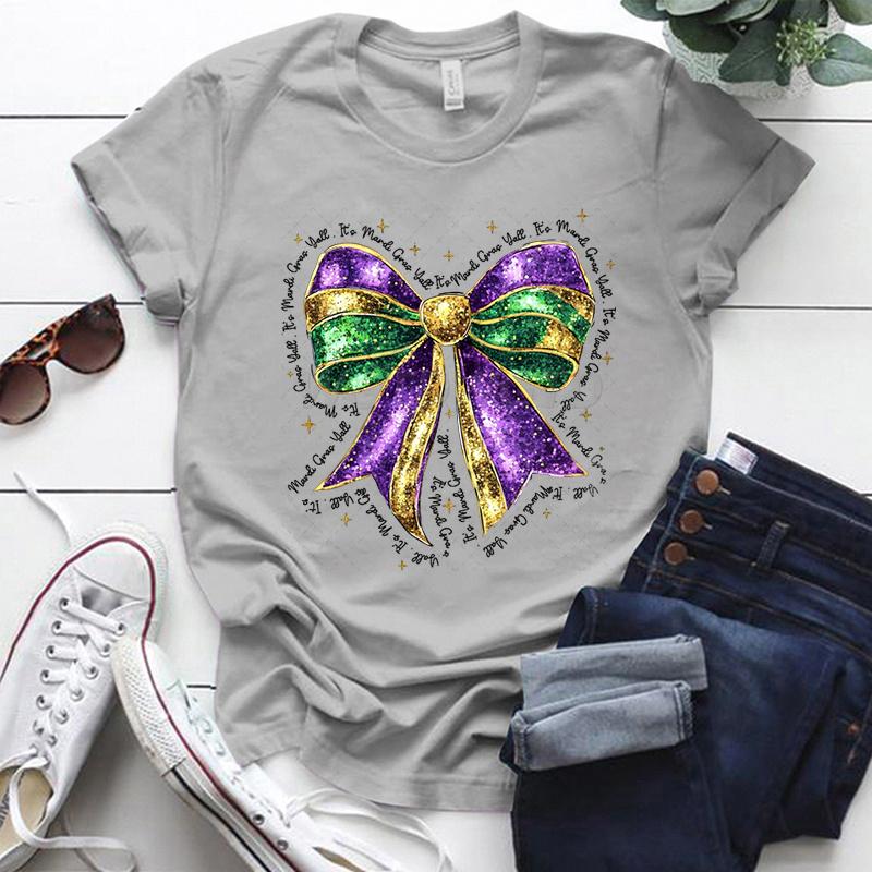 Coquette Bow Mardi Gras Shirt for Women Carnival Glitter Bow Graphic Tee Fat Tuesday Shirt Mardi Gras Party Crew Neck Clothing
