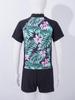 Girls 2 Piece Floral Print Swim Set Round Neck Short Sleeve Top Elastic Waist Boyshorts Beach Bathing Suit Swimsuit