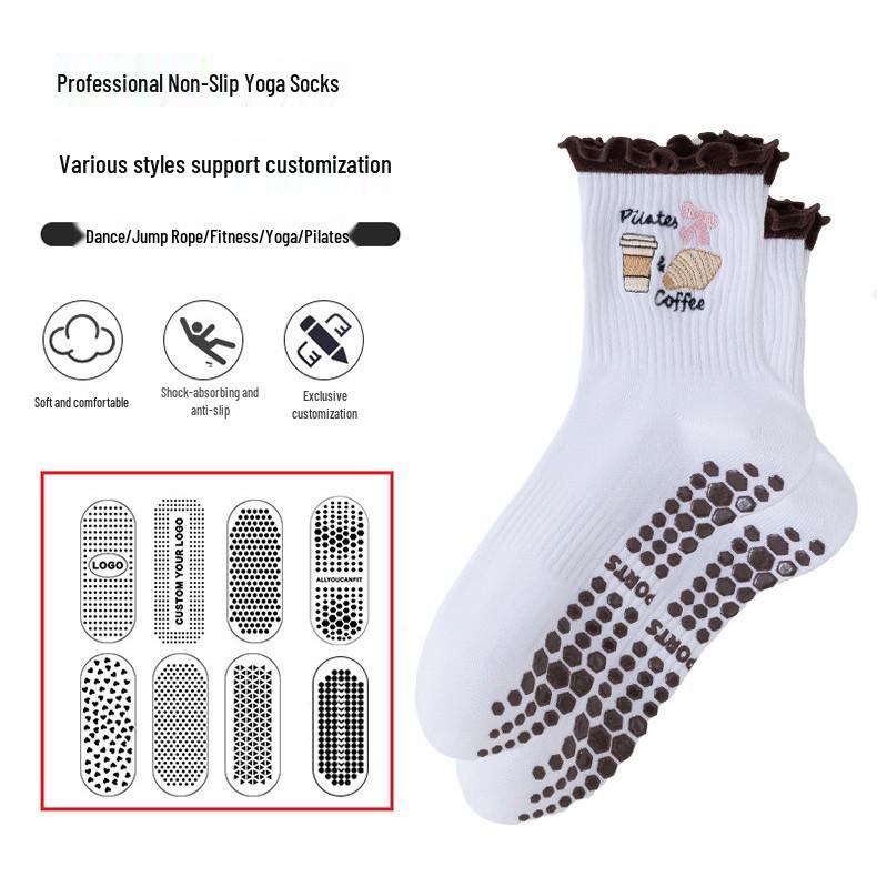 Women's Non-Slip Wear-Resistant Yoga Socks, Mid-Calf Embroidered Five-Toe Sport Socks for Dance and Indoor Fitness