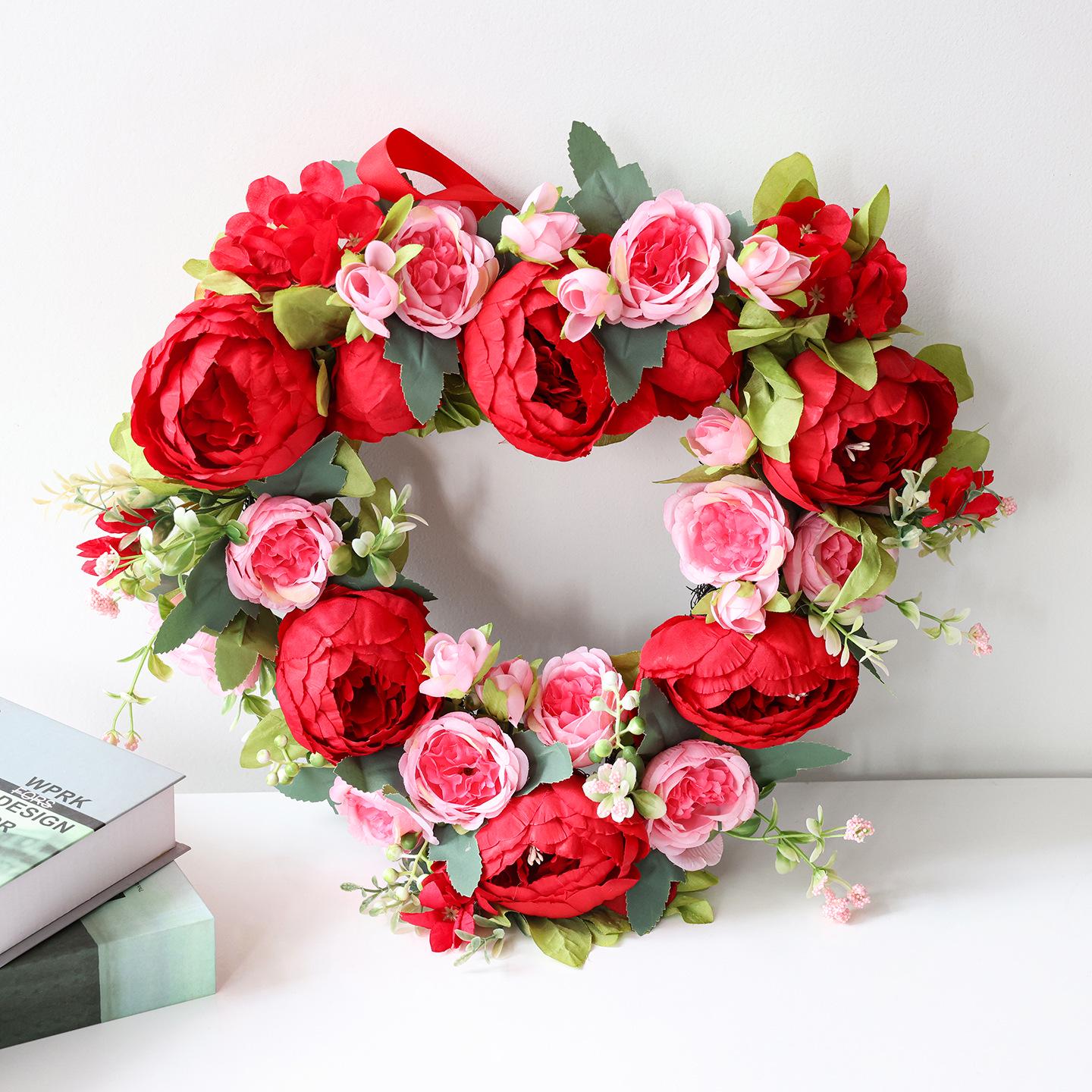Valentine s Day Simulated Rose & Peony Wreath - Festive Front Door Decoration красный
