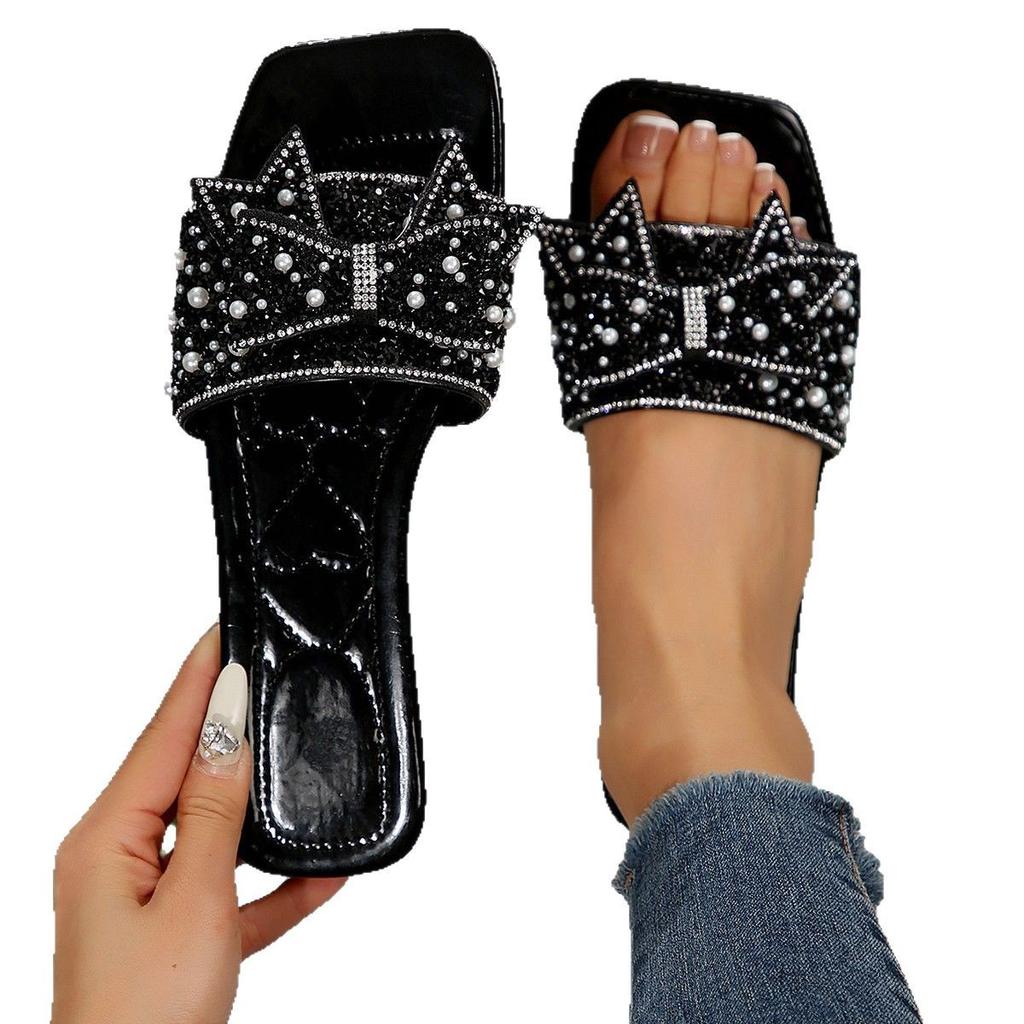 Summer Bow-shaped Rhinestone Fashionable Flat-bottomed Flip-flops