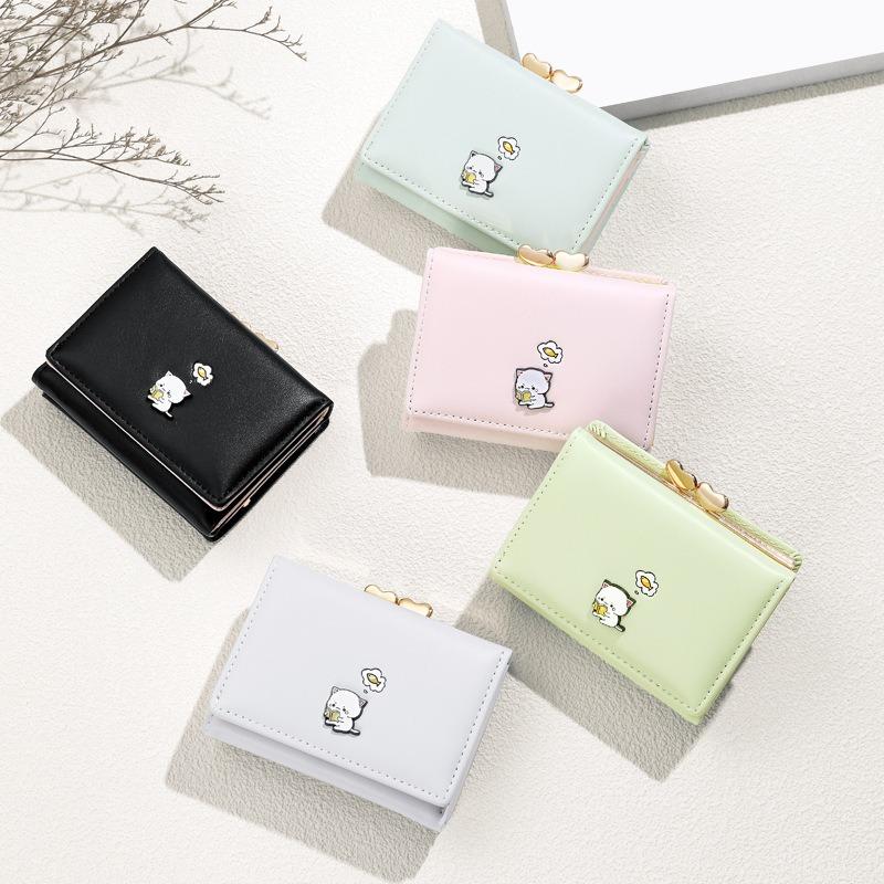 Hot-selling wallet Girls Macaron kitten clip wallet Short folding pu leather change bag Card bag