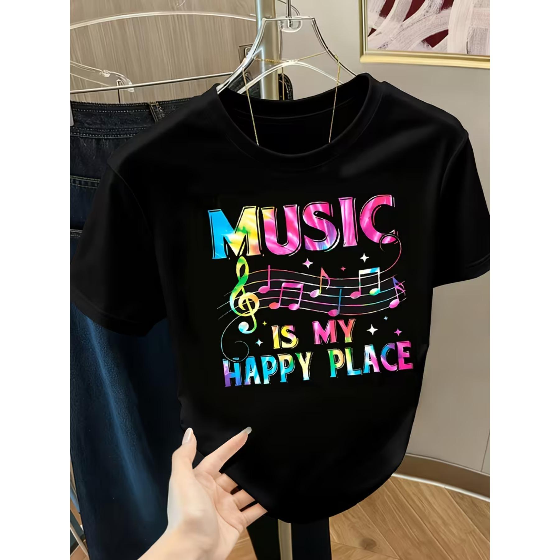 

Music Is My Happy Place Printed Short-Sleeve Round-Neck T-Shirt for Women. XXL