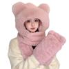 Warm 3-in-1 Cap Scarf Gloves Set Winter Integrated Cap Scarf Bear Ear Hooded Scarf  for Women