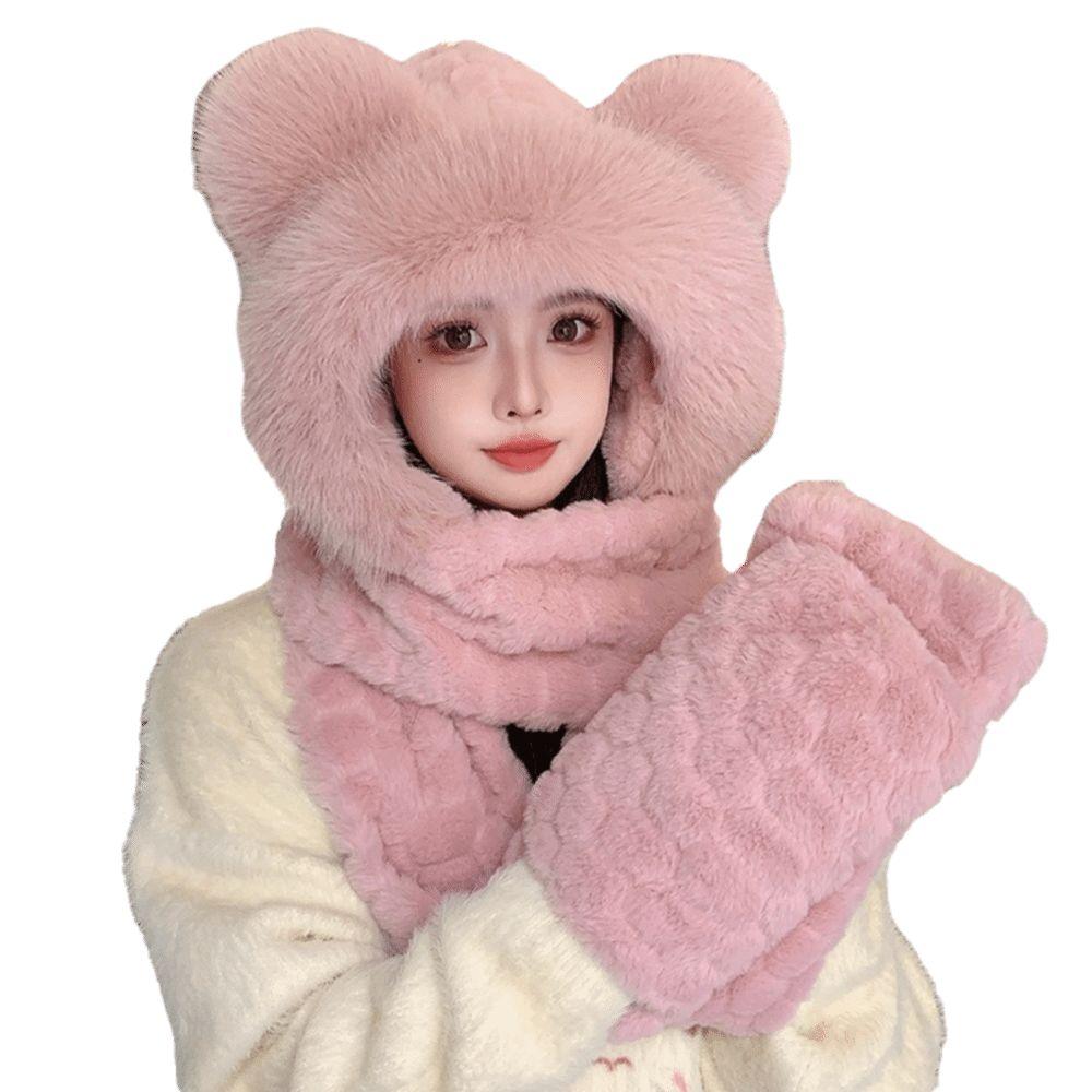 Warm 3-in-1 Cap Scarf Gloves Set Winter Integrated Cap Scarf Bear Ear Hooded Scarf for Women
