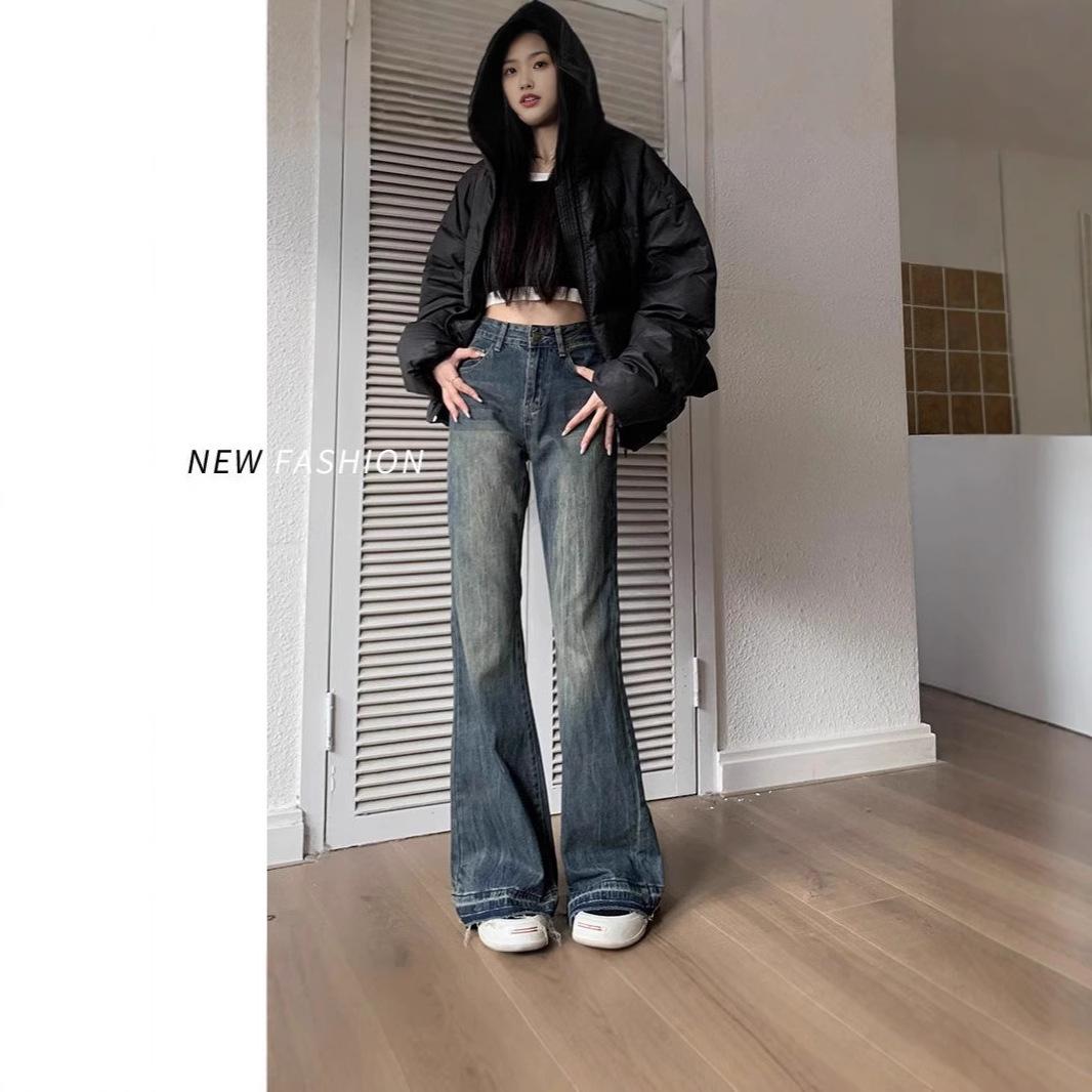 High-Waisted American Retro Micro-Flare Jeans for Women - Slimming, Non-Stick, Frayed Hem, Floor-Length (Spring/Autumn 2024) L