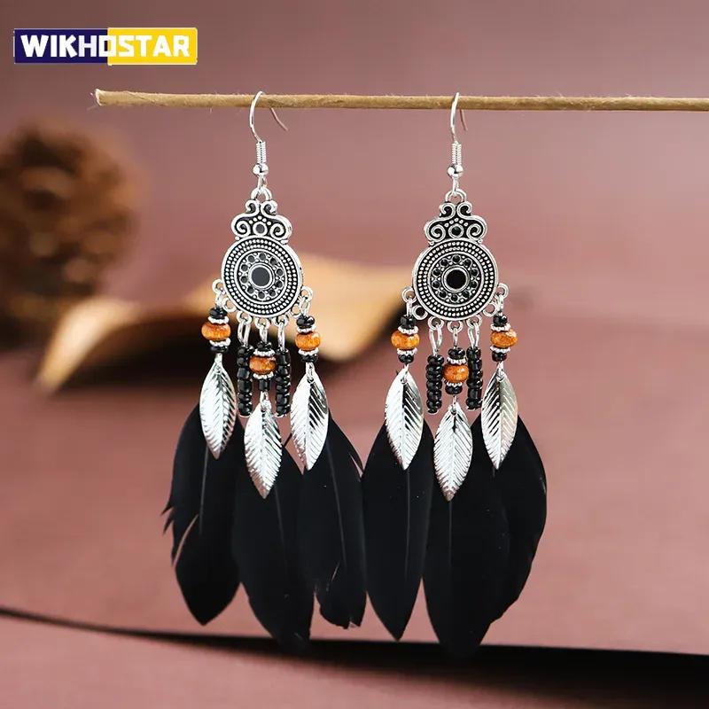 Bohemian Ethnic Feather Drop Earrings for Women Elegant Wood Beads Leaf Long Tassels Dangle Earring Girls Fashion Party Jewelry