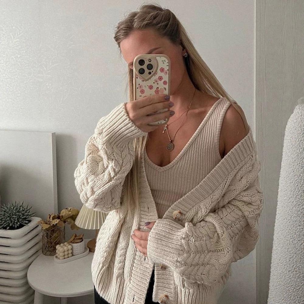 V-Neck Cable Knit Cardigan - Fresh, Lazy Style for Spring & Autumn