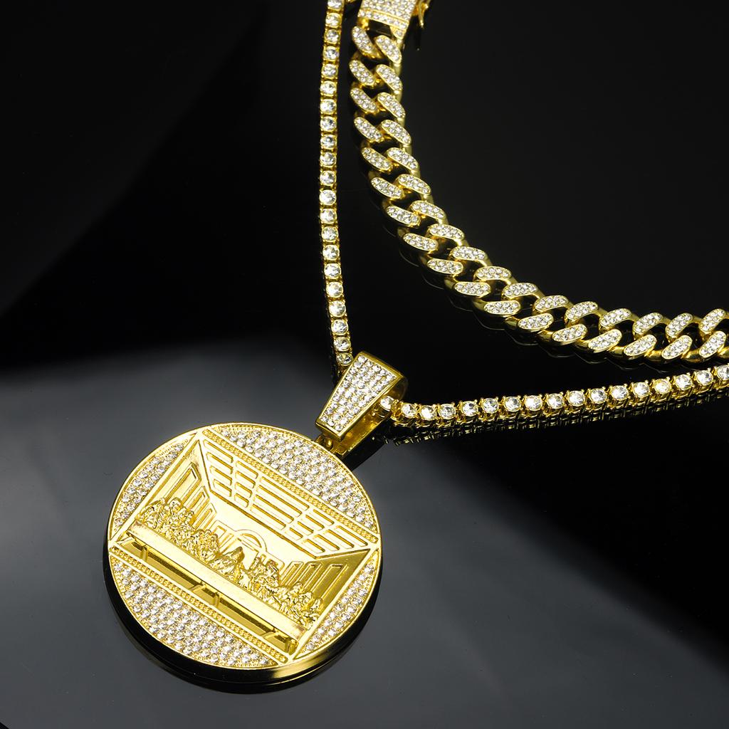 Hip Hop Punk Letztes Abendmahl Medaillon Anhänger Halskette Set Männer Frauen Stilvoller Anhänger+Kubanische Kette+Tennis Kette 3-in-1 Set Schmuck Geschenk