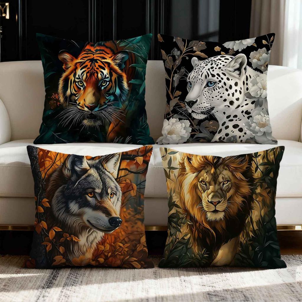 Tiger, Snow Leopard And Wolf Patterns Printing Pillow Cover Short Plush Suitable Living Rooms Bedrooms Sofas Throw Cushion Cover