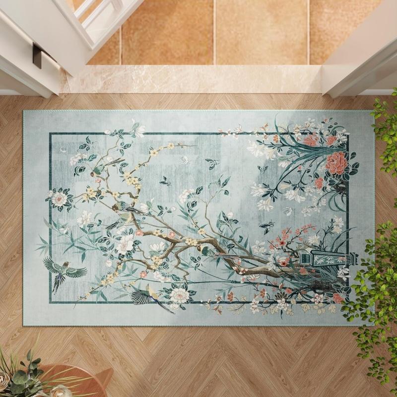 Vintage Chinese Chinoiserie Floral Bird Door Mat Soft Non-Slip Indoor Entryway Rug Elegant Traditional Design Carpet