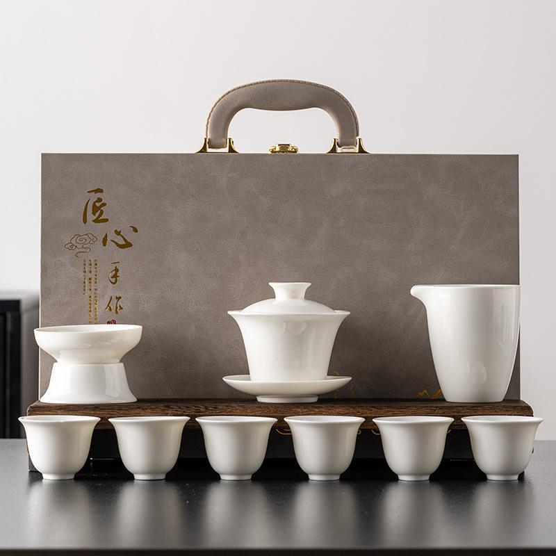 

Light luxury suet jade white porcelain cover bowl kung fu tea set, complete set of office business gifts, gift boxes, boutique products