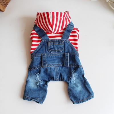 Striped Pet Onesie Small Puppy Dog Clothes Denim Four-legged Overalls Spring and Autumn Winter