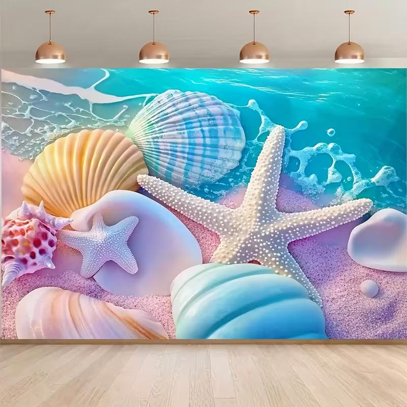 

2D Soft Pastel Beach Backdrop Turquoise Ocean Waves and Seashells Studio Photography Background 47.2x31.5inch/120*80cm