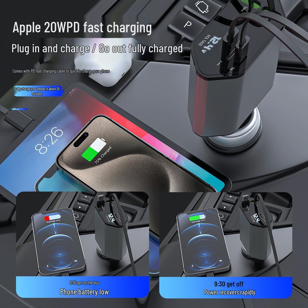 120W Super Fast Telescopic 4-Port Car Charger for Apple 15 & Huawei