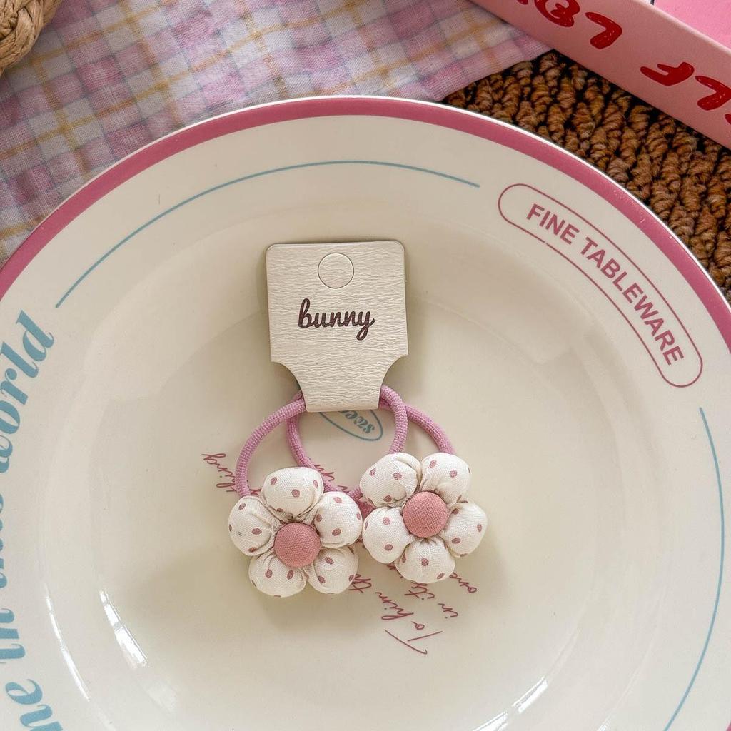 Korean Style Pink and White Polka Dot Cotton Flower Bow Hair Tie for Girls - High Elastic Double Ponytail Rubber Band