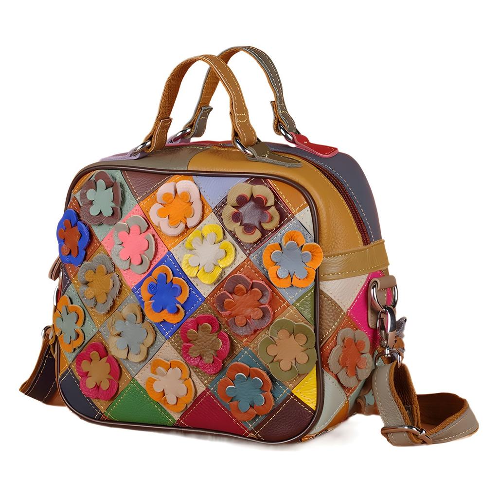 Wind Leather Handbag Messenger Bag Hand-Spliced Flower Women'S Bag Colored Rhombus Leather Small Square Bag Women'S Bag