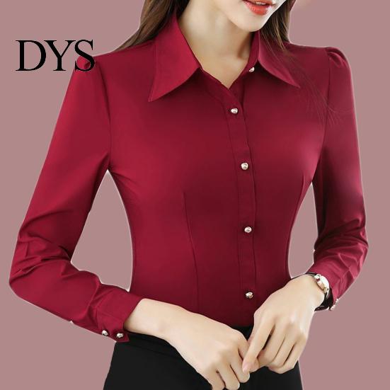 Office Shirt Commute Women Slim Fit Single-breasted Dignified Enhance Beauty Image Top Polyester Solid Color Long Sleeve Formal for Workplace