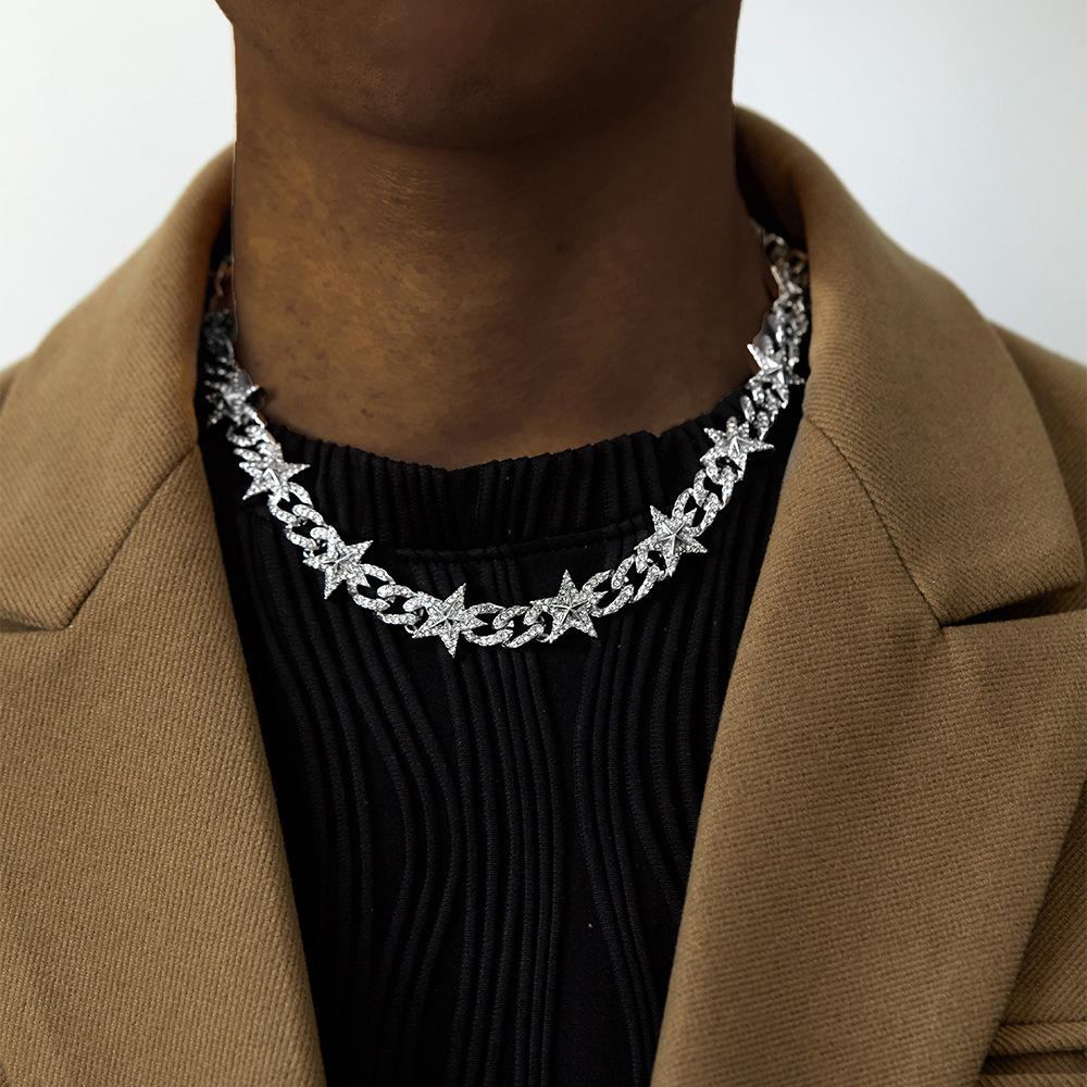 European & American Fashion Niche Star Necklace - Rhinestone Cuban Chain Street Style Versatile Design