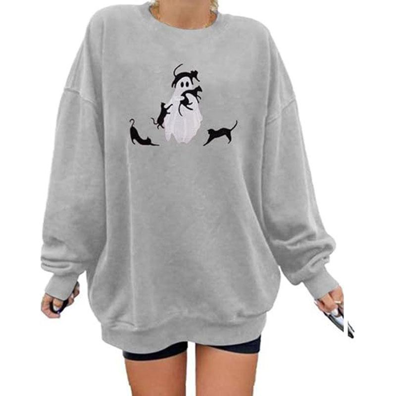 Hallowmas Ghost Print Long Sleeve Sweatshirt Women Crew Neck Oversized Pullover Top