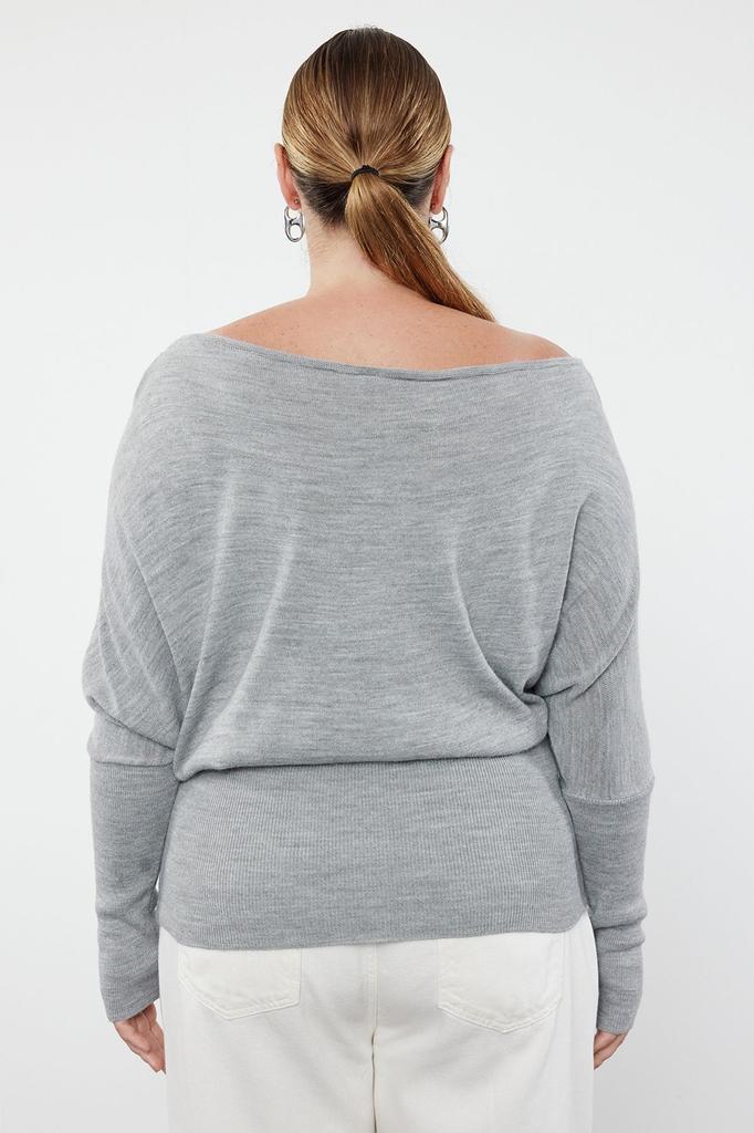 Women's Fashion Stylish Plus Size Sweater Gray Melange Low Shoulder Stone Knitwear Sweater