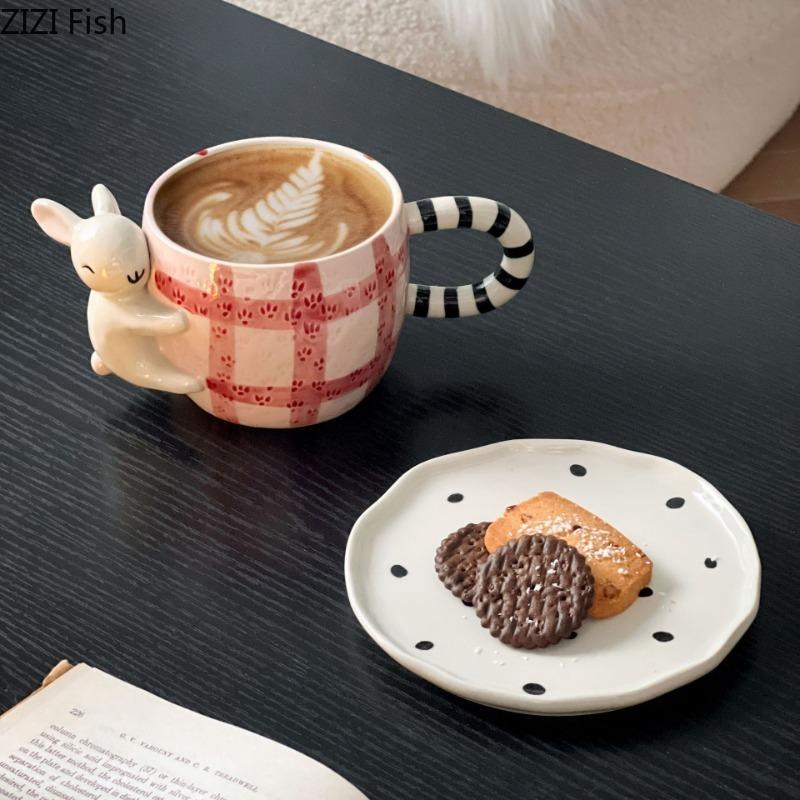 BR450ml Ceramic Hand-painted Coffee Cup Set Japanese Cute Hug Rabbit Three-dimensional Cup with Dish Children's Beverage Water CupEY