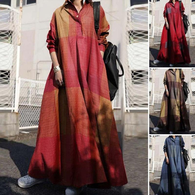 Fashion Plaid Dress Retro Ethnic Style Dress Print Loose Long Sleeve Big Swing Dress