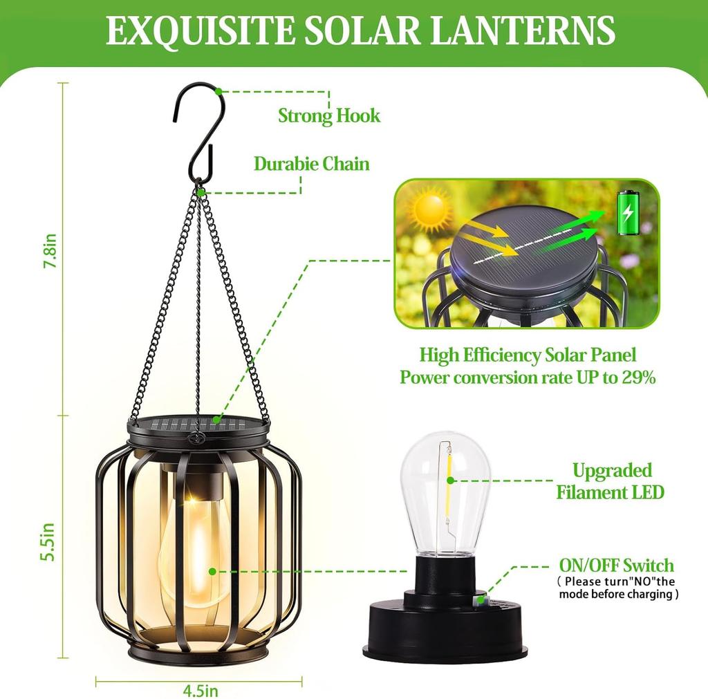 1/2/4PC Solar Powered Lantern Outdoor Solar Hanging Light with Hook Warm White Waterproof Solar Garden Lamp for Yard Porch Decor