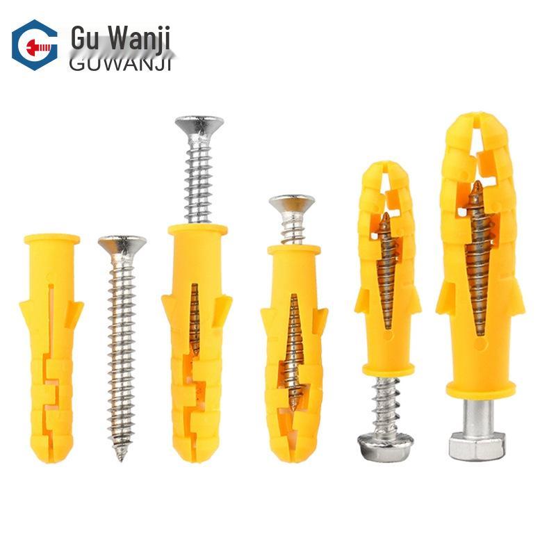 Yellow Fish Plastic Expansion Tube/Screw Set (6/8/10) - Includes Anchors, Self-tapping Screws, and Rubber Plugs.