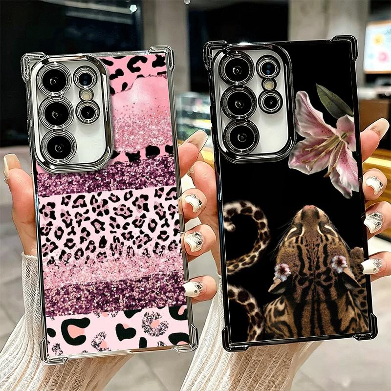 Pink Leopard Print Soft Phone Case For Samsung Galaxy S26 Ultra S25 Edge S24 FE S23 Plus S22 S21 + S20 Plating Anti-Fall Fundas