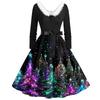 Christmas Print Flare Dress For Women Long Sleeve Dress Hollow Party Casual Dresses