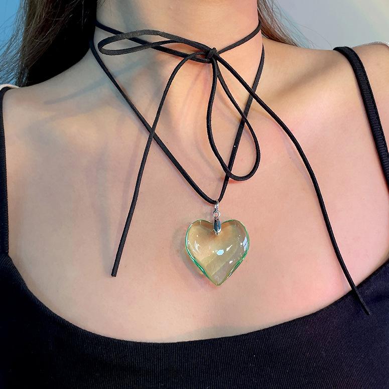 6 Colors Hip Hop Colorful Love Heart Pendant Necklace Women Punk Silver Color Beads Chain Grunge Jewelry Accessories Steampunk