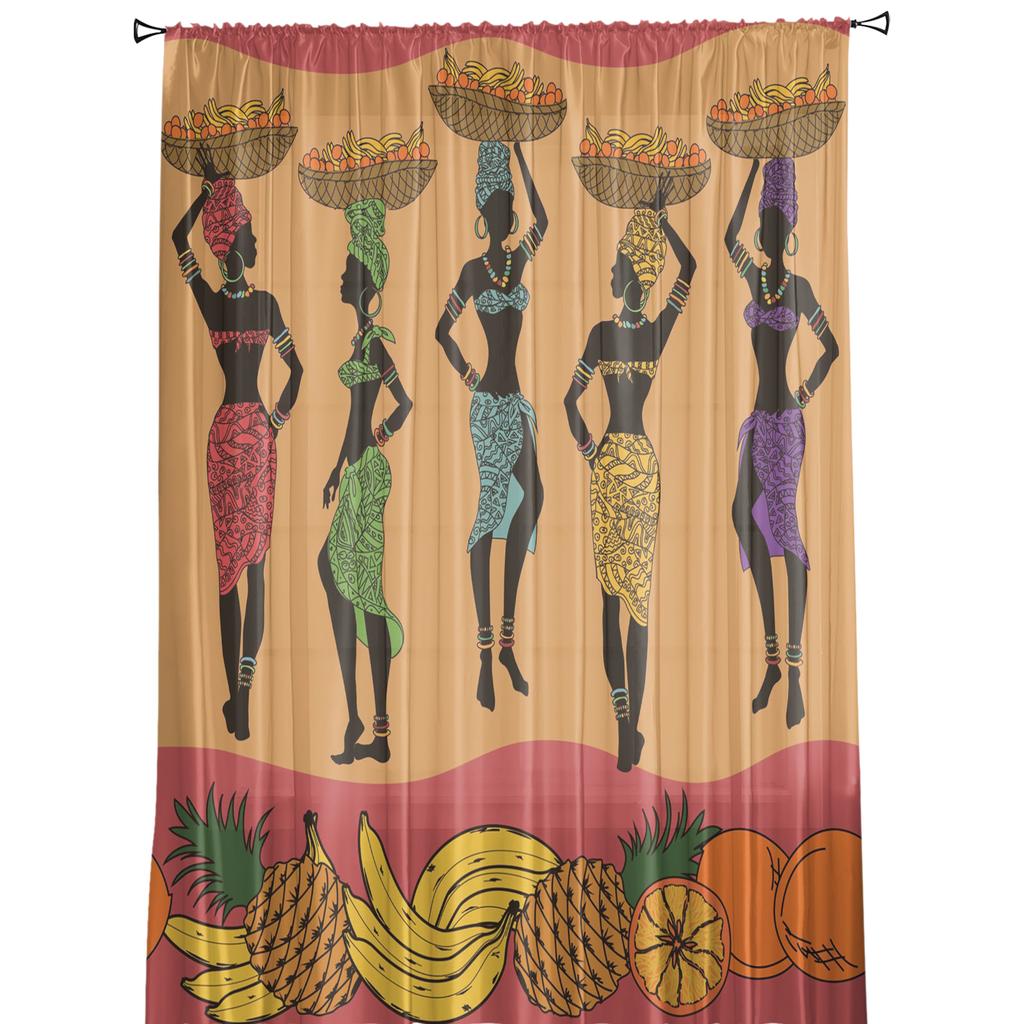 African Women Fruit Basket Ethnic Tulle Sheer Window Curtains for Living Room Kitchen Children Bedroom Voile Hanging Curtain