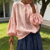 Dam Skjorta Rund Hals Puff Långa Ärmar Asymmetrisk Fåll Sidoknappar Lös Passform Casual Sommar Toppar Daglig Användning